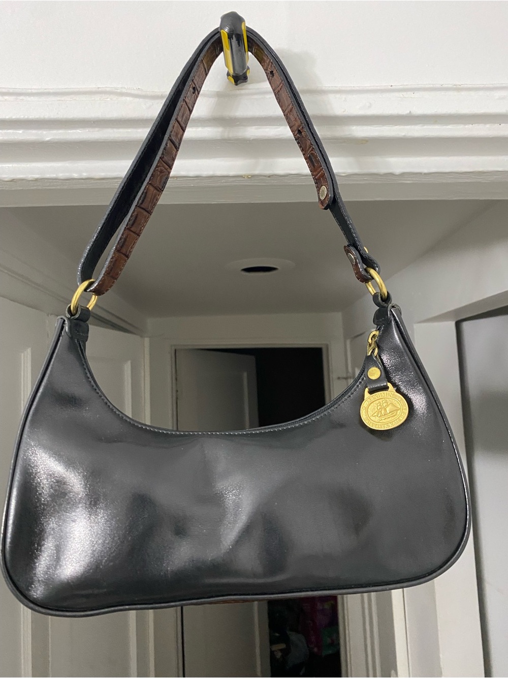 BRAHMIN Black Leather with Brown Croc Mini Hobo Shoulder Bag